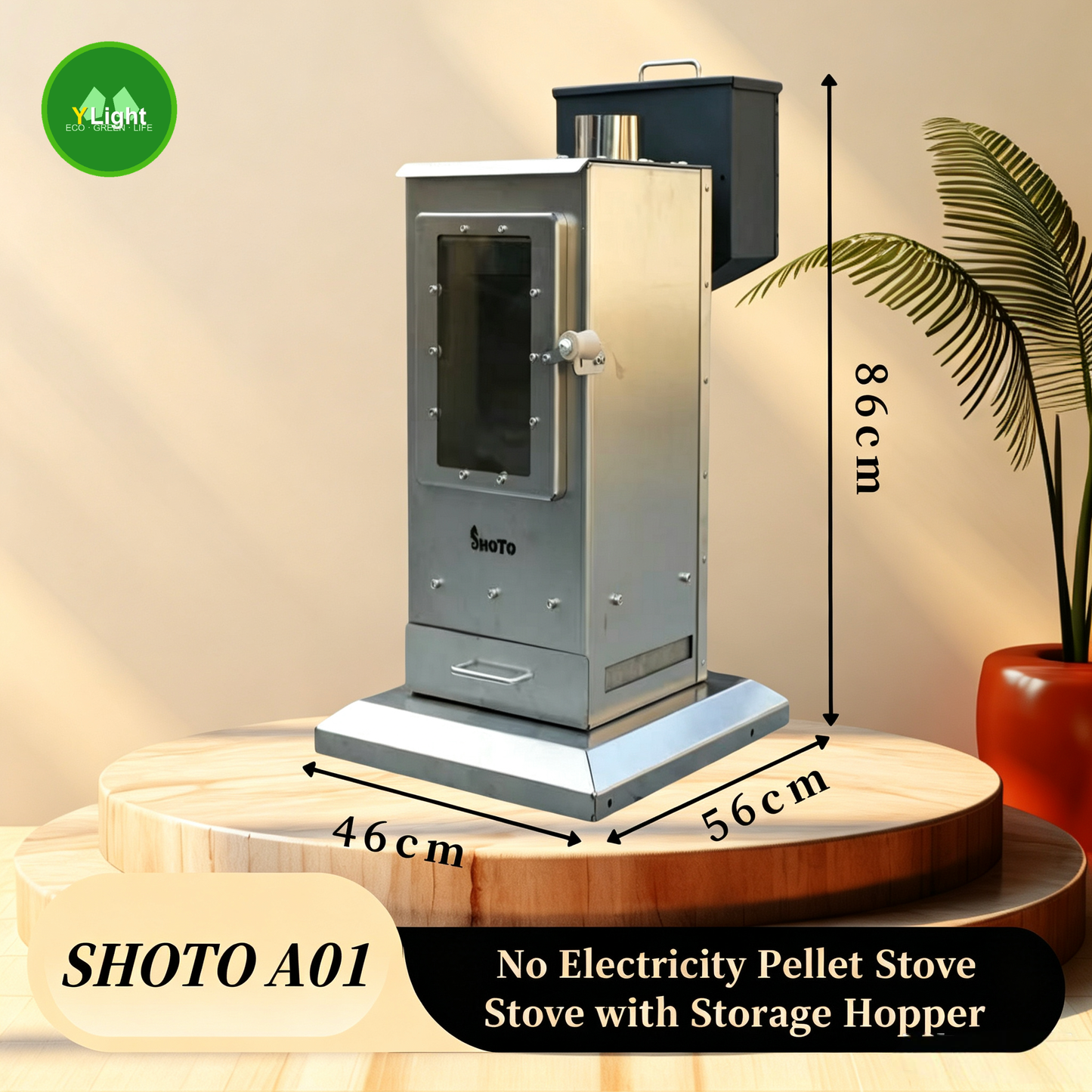 SHOTO A Series Non-Electric Biomass Pellet Stove with Fuel Hopper-stainless steel